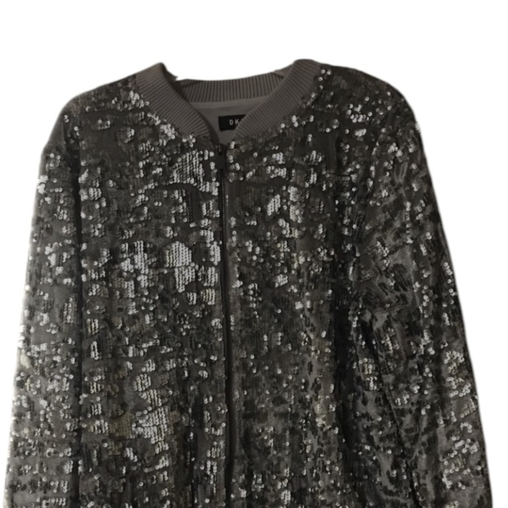 DKNY by Donna Karen size XL silver sequin zip front bomber